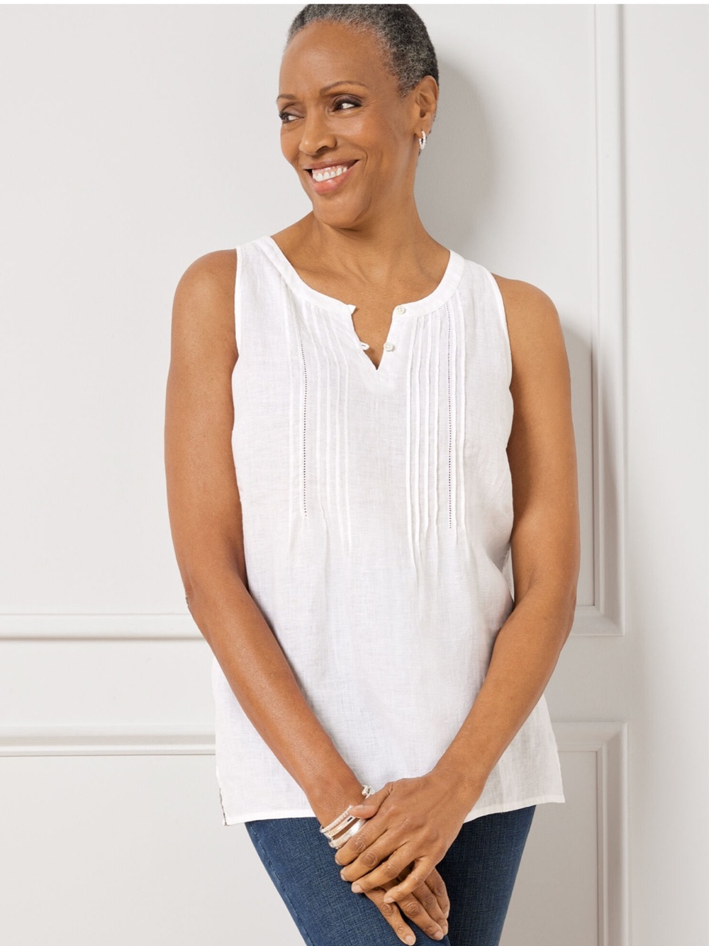 Talbots White Linen Pintuck Yoke Shell Size M